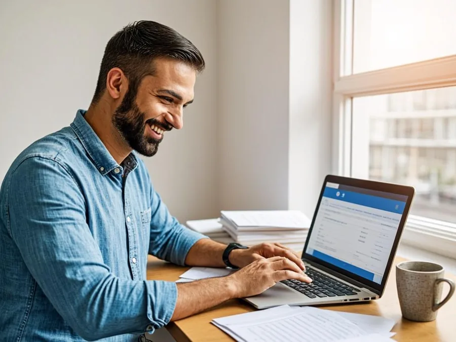 California worker at home office desk with laptop showing EDD UI Online application, paperwork nearby