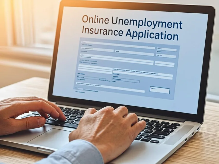 Close-up of hands typing on a laptop keyboard to fill out an online unemployment insurance application form