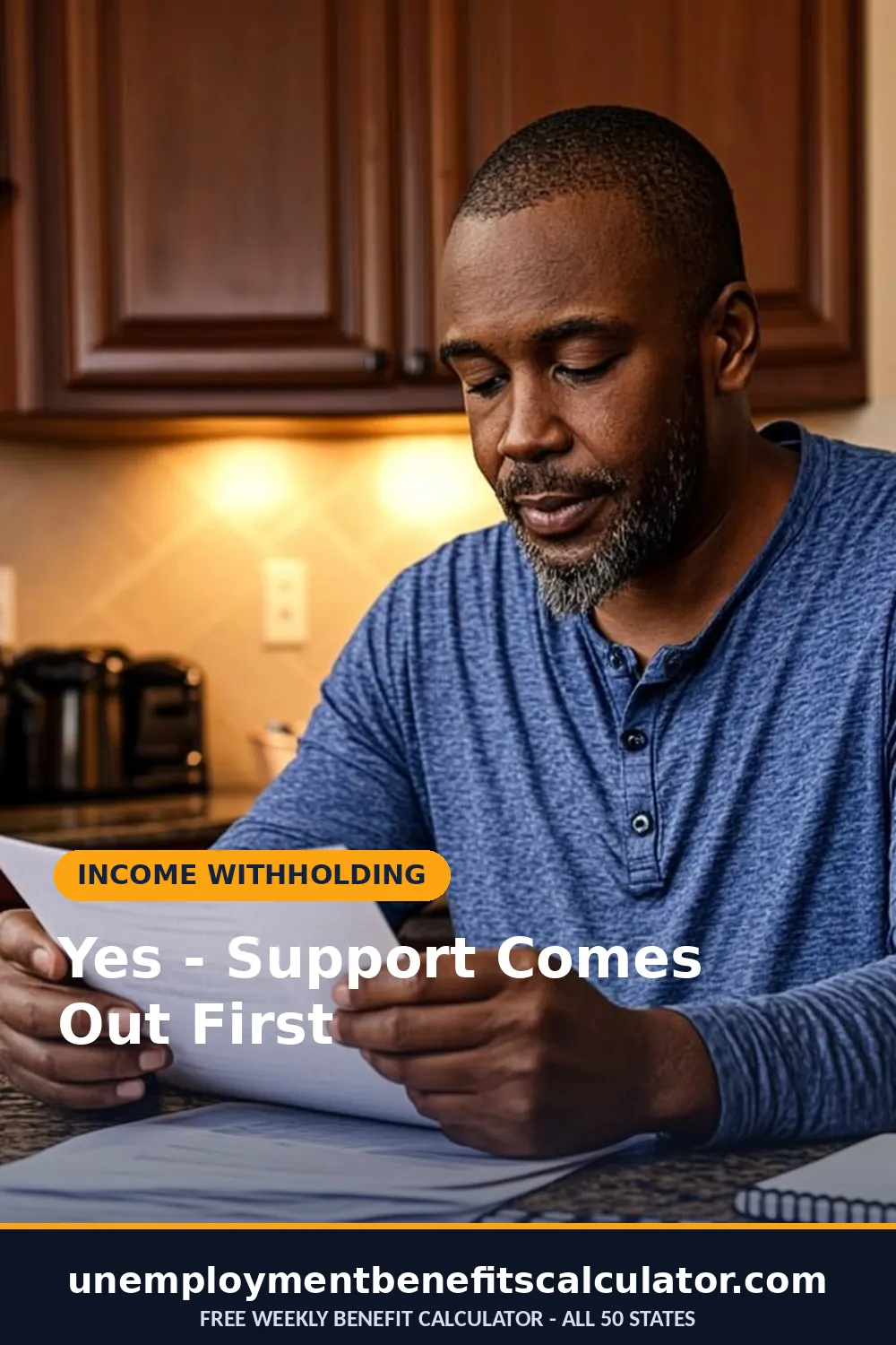 Photorealistic photo of an American father reviewing a child support notice and bills at his kitchen table in the evening