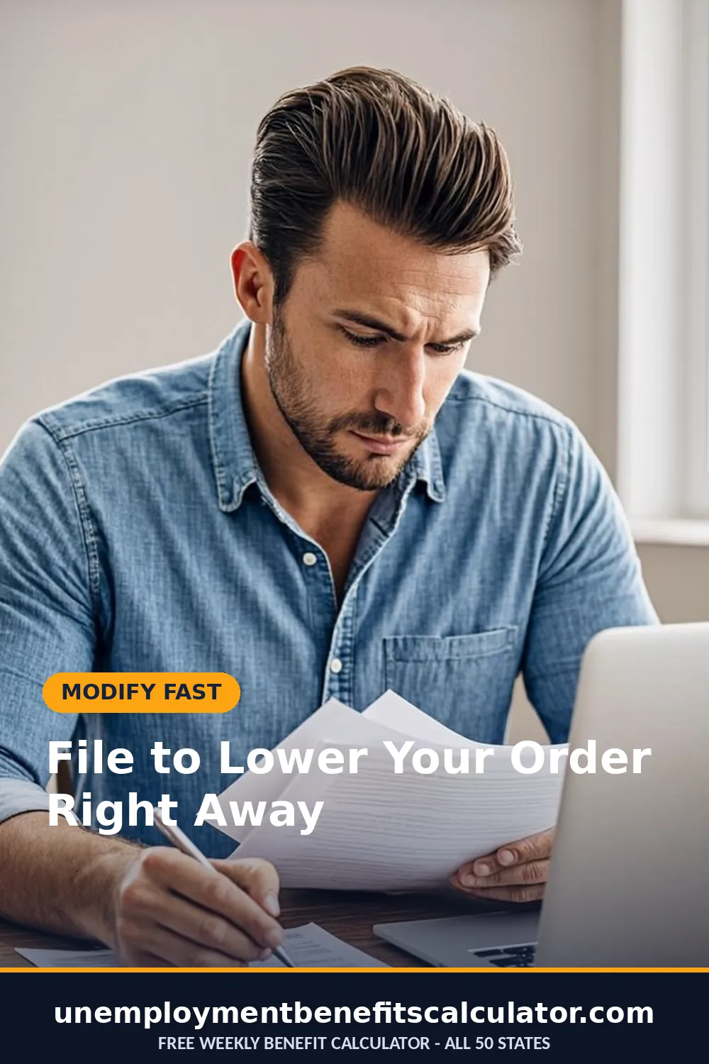 Photorealistic photo of an American father filling out a court modification form at his dining table with his layoff paperwork