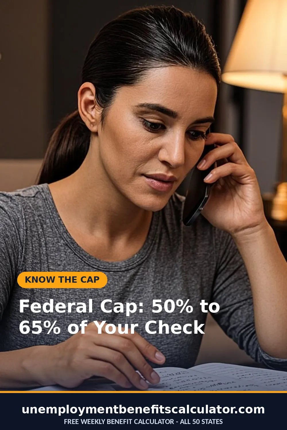 Photorealistic photo of an American woman on the phone with the child support office while reviewing official letters at her dining table