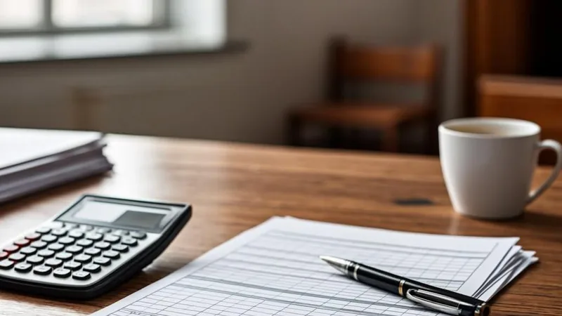 Church office desk with blank payroll folder and calculator
