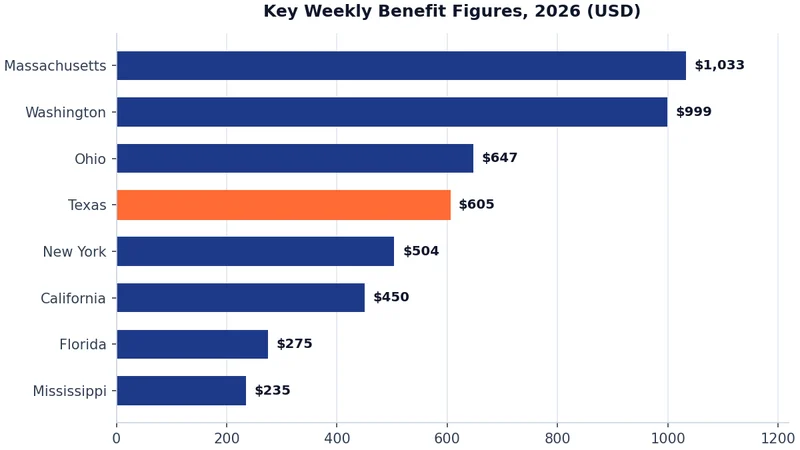 Chart of key weekly unemployment benefit figures discussed in this guide