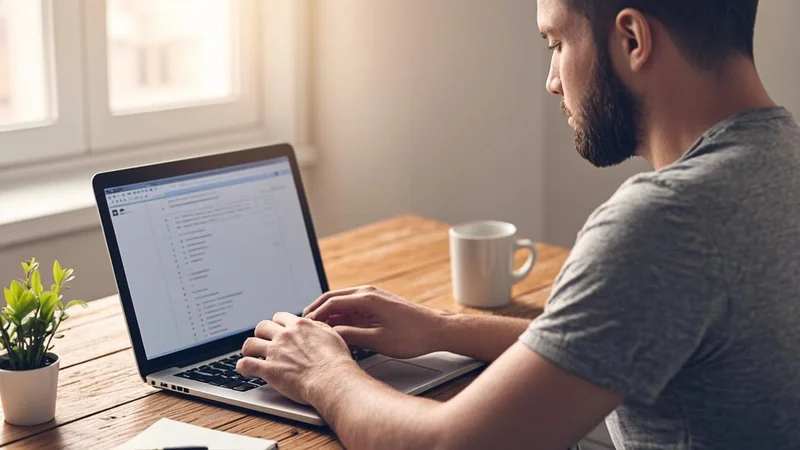 Man filing for unemployment benefits on laptop at home desk