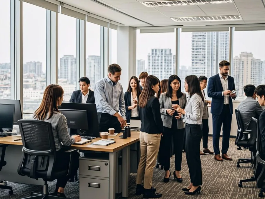 Office workers at a partially emptied workplace on a reduced-hours schedule, illustrating work sharing during a furlough