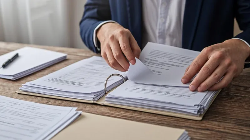 Worker organizing supporting documents for a good cause unemployment claim after quitting