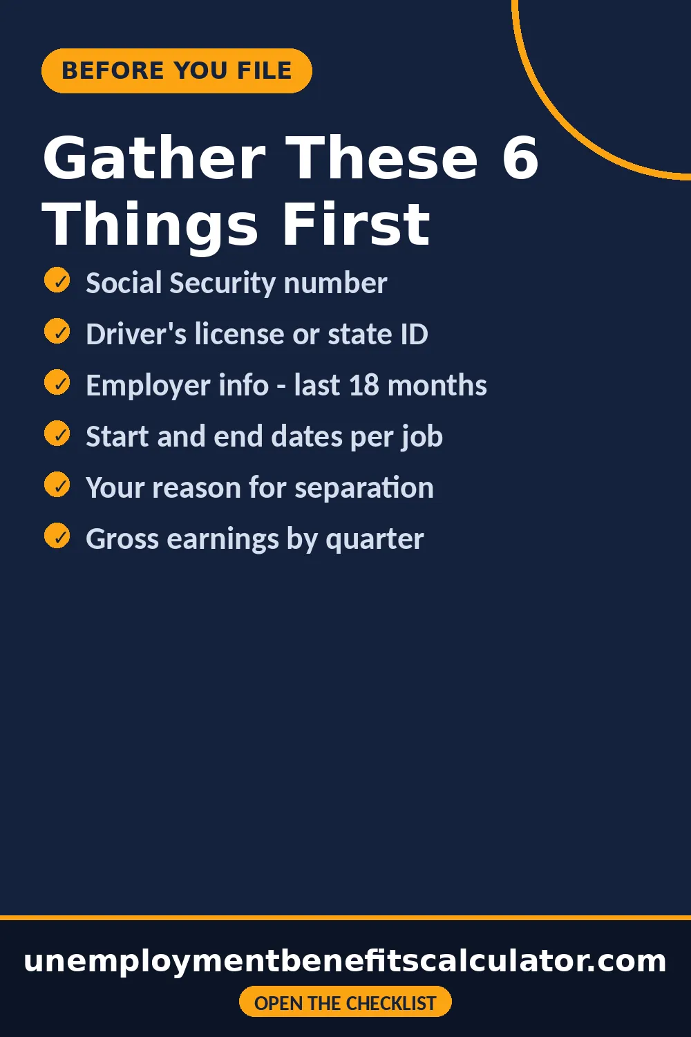 Pin checklist of documents to gather before applying for unemployment - SSN, photo ID, employer details, dates, separation reason, earnings