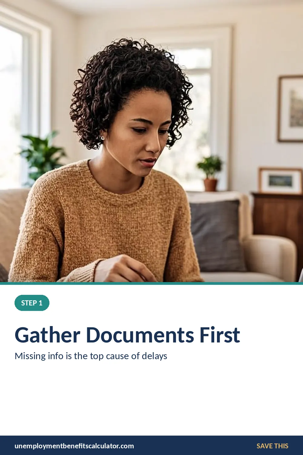Photorealistic photo of an American woman organizing pay stubs and documents into a labeled folder before filing