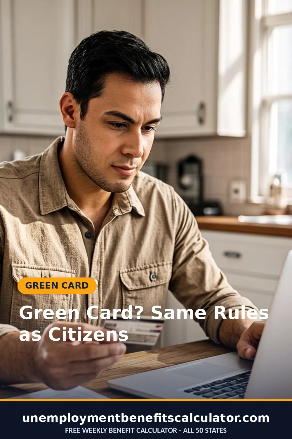 Photorealistic photo of an American resident holding a green card while reading eligibility rules on a laptop
