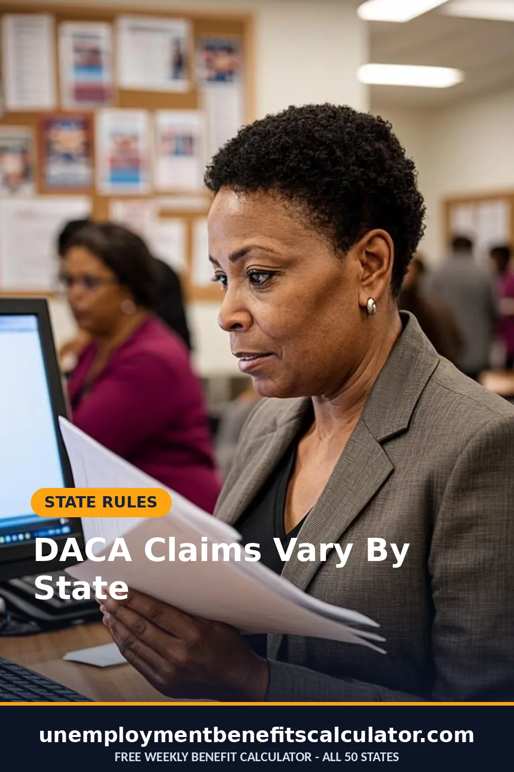Photorealistic photo of an American community worker reviewing a folder of documents at an employment help desk