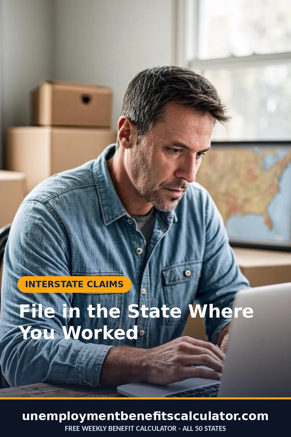 Photorealistic photo of an American man comparing two state unemployment websites on his laptop with a map and moving boxes behind him