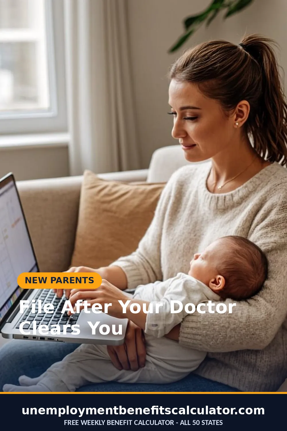 Photorealistic photo of an American new mother with her baby browsing job listings on a laptop at home