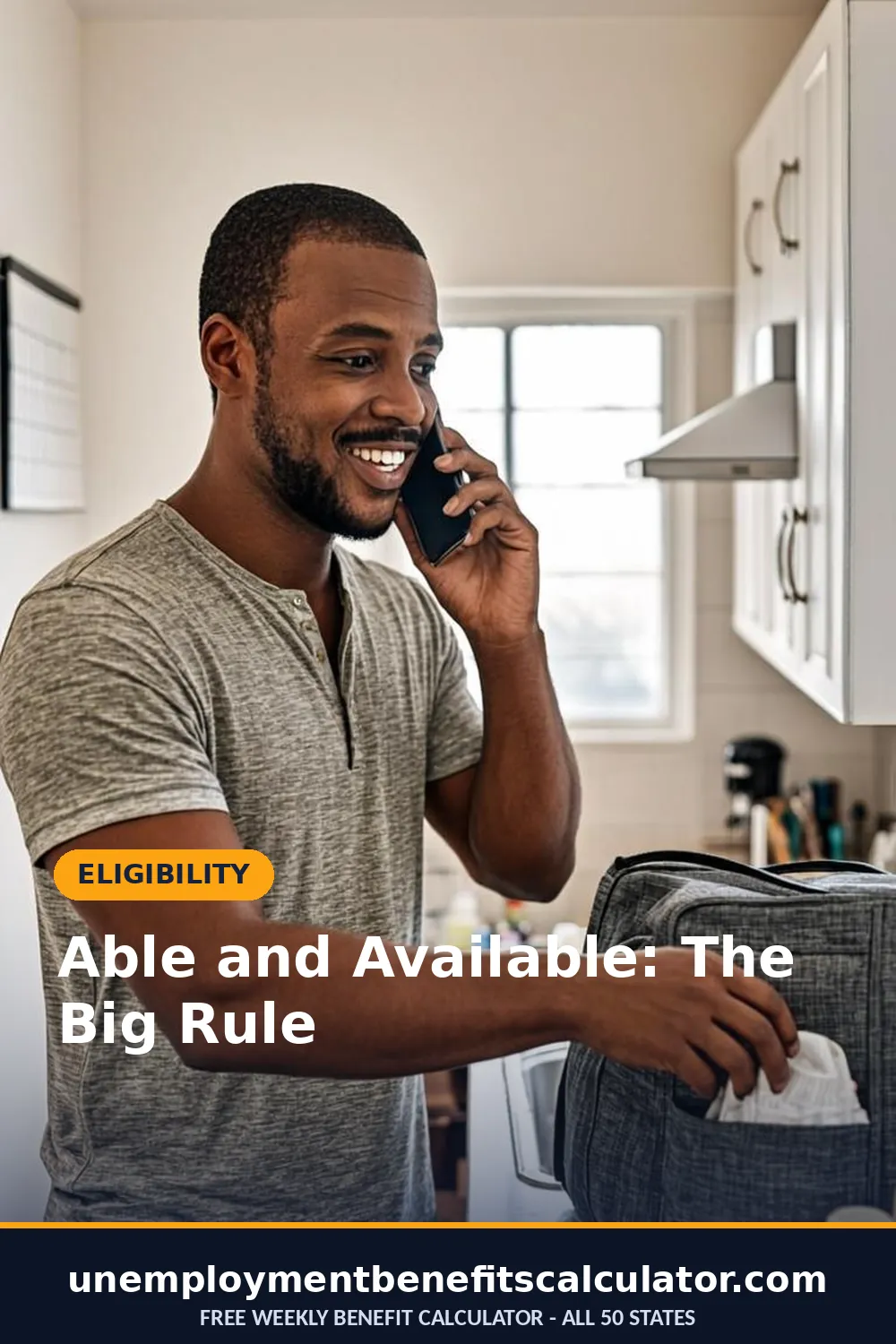 Photorealistic photo of an American father planning child care on a wall calendar while on the phone in his kitchen