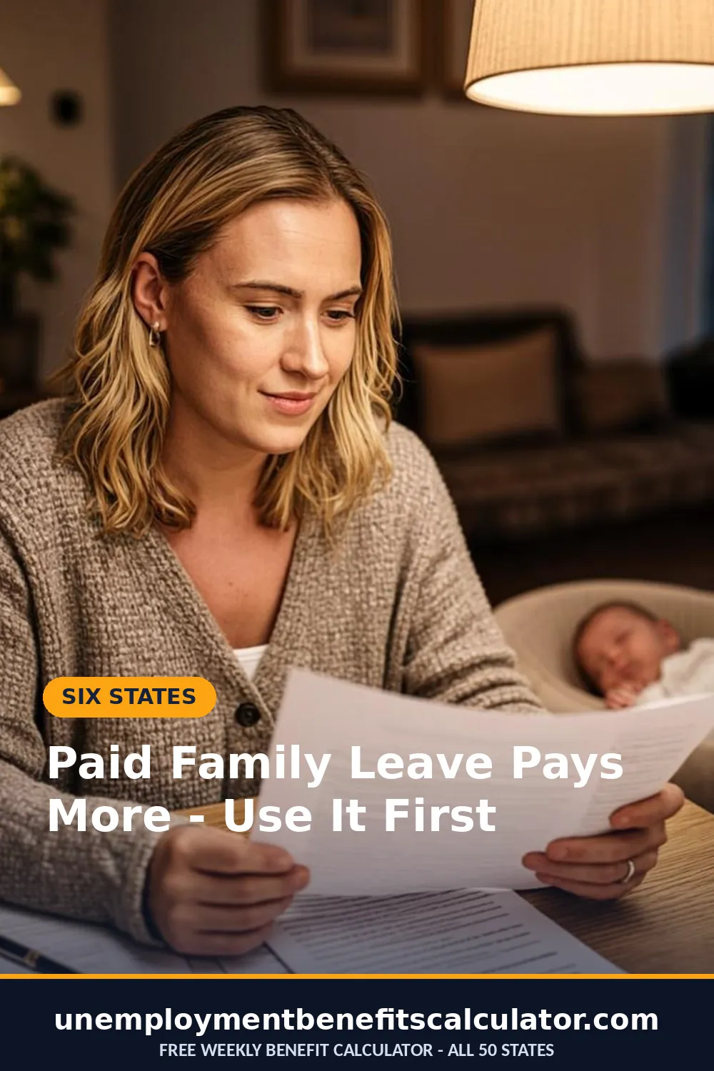 Photorealistic photo of an American mother reviewing paid family leave paperwork at her dining table with her newborn nearby