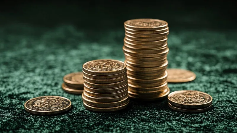 Four neat stacks of coins on a ledger board representing wages counted quarter by quarter for unemployment eligibility
