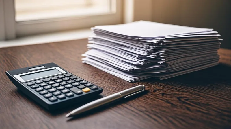 Calculator and pen beside a tall stack of wage records on a wooden desk