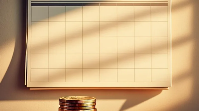 Blank weekly calendar beside a stack of coins representing back-paid unemployment weeks