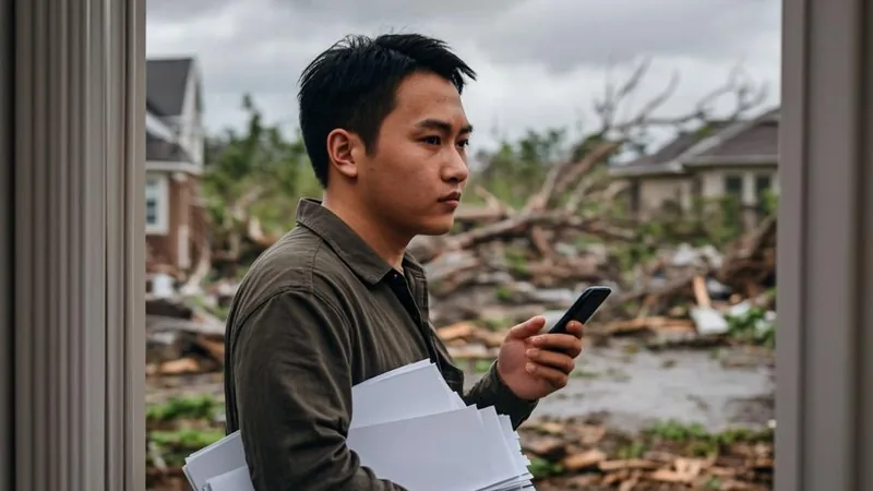 Worker carrying documents and a phone while looking at storm damage in a neighborhood