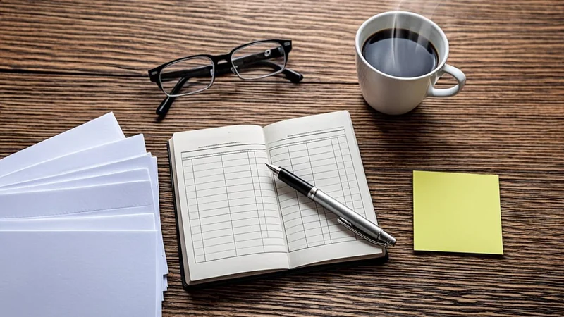 Calculator showing zero next to blank pay stubs and a pay envelope on a desk