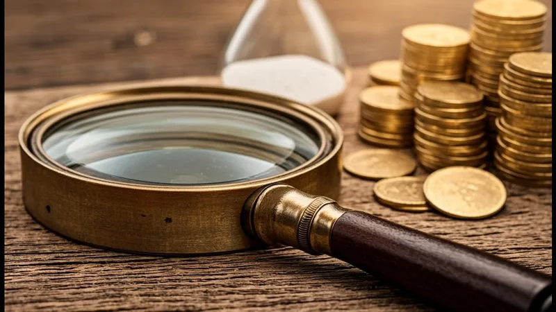Magnifying glass over gold coins and an hourglass representing the review of past wages during a base period analysis