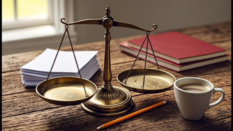 Brass balance scale beside case files and coffee as an adjudicator weighs evidence in a probation discharge decision