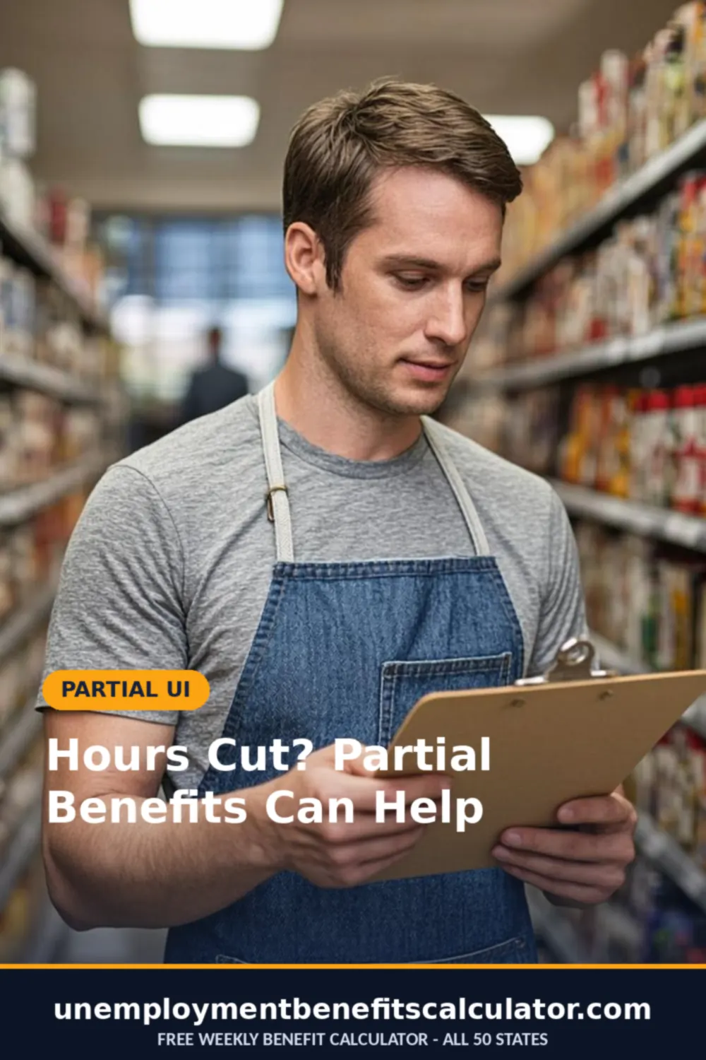 Photorealistic photo of an American retail worker looking at a shortened weekly schedule on a clipboard in a store aisle