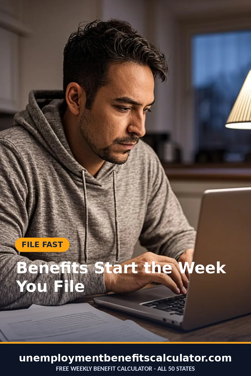 Photorealistic photo of an American man filing a partial unemployment claim on his laptop at his kitchen table in the evening