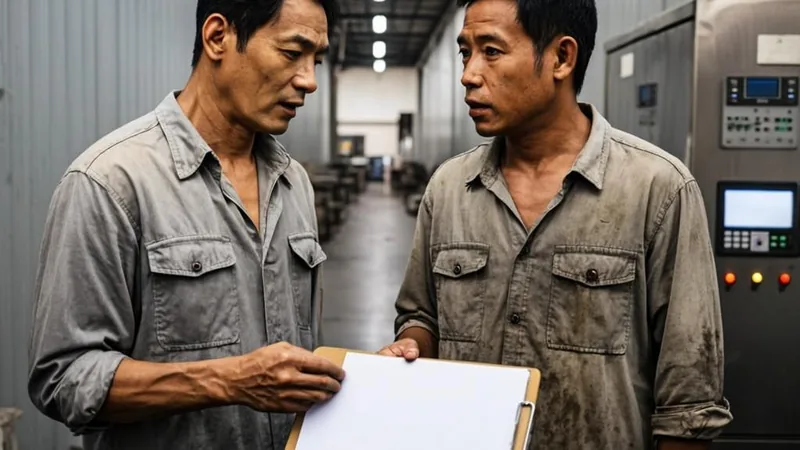 Two workers discussing a blank schedule notice near a factory time clock