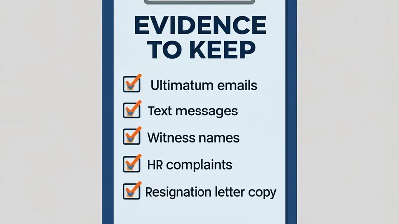 Checklist of evidence to save before resigning under pressure including emails, texts, witnesses and complaint records