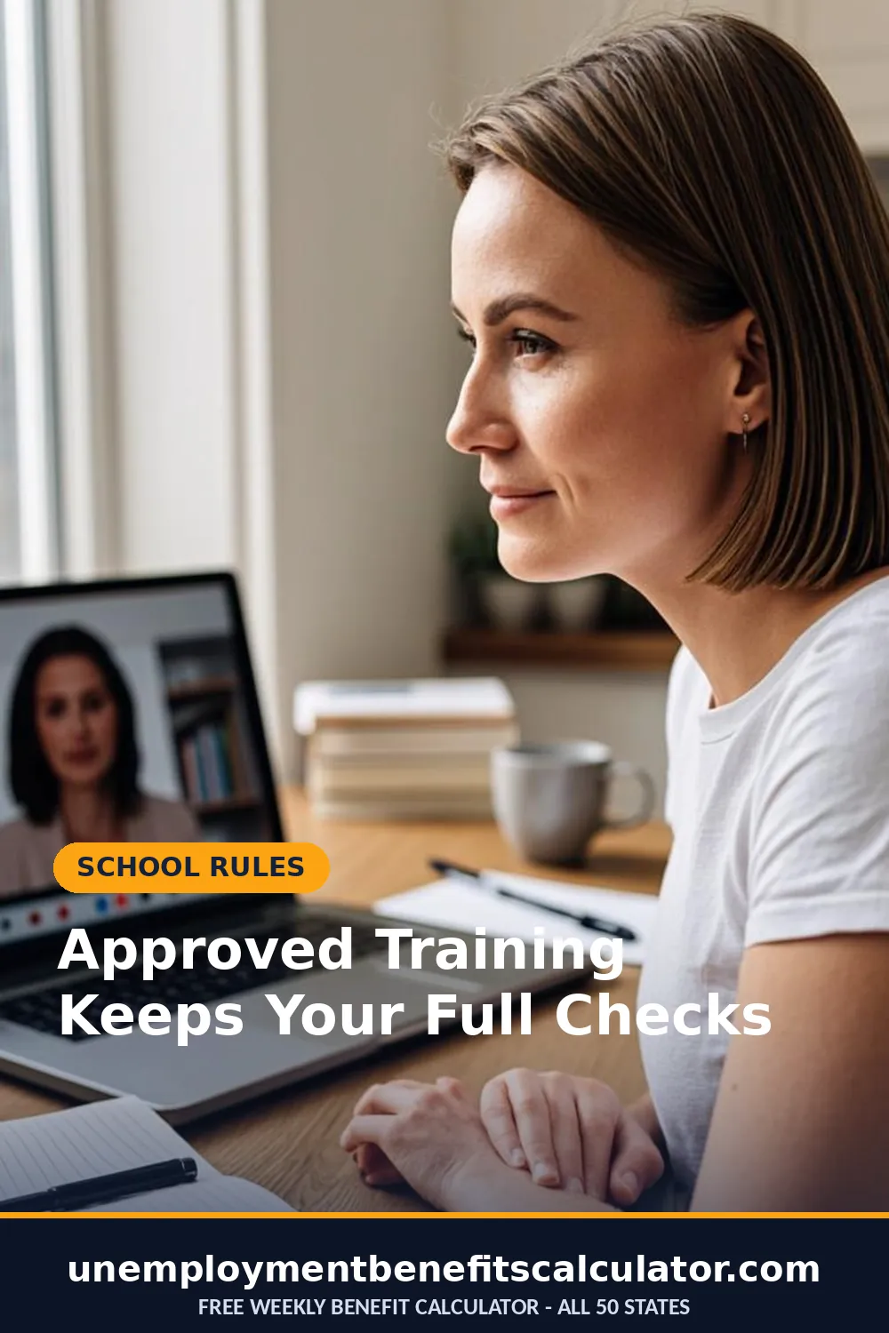 Photorealistic photo of an American woman taking an approved online training class at her kitchen table while receiving unemployment benefits