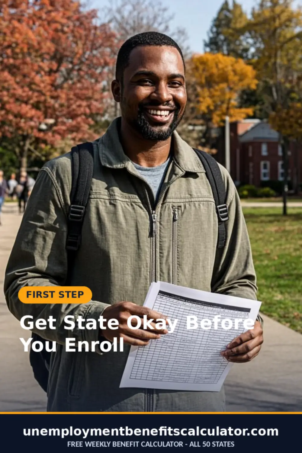 Photorealistic photo of an American man walking to class on a community college campus - get state approval before enrolling while on unemployment