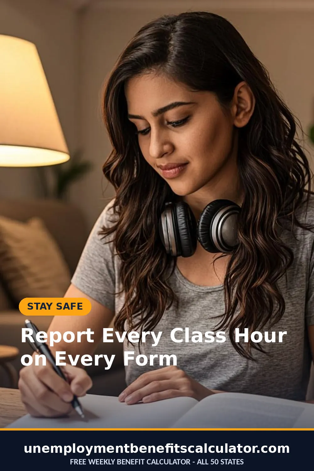 Photorealistic photo of an American student reporting her class hours on a weekly unemployment claim form at her home desk