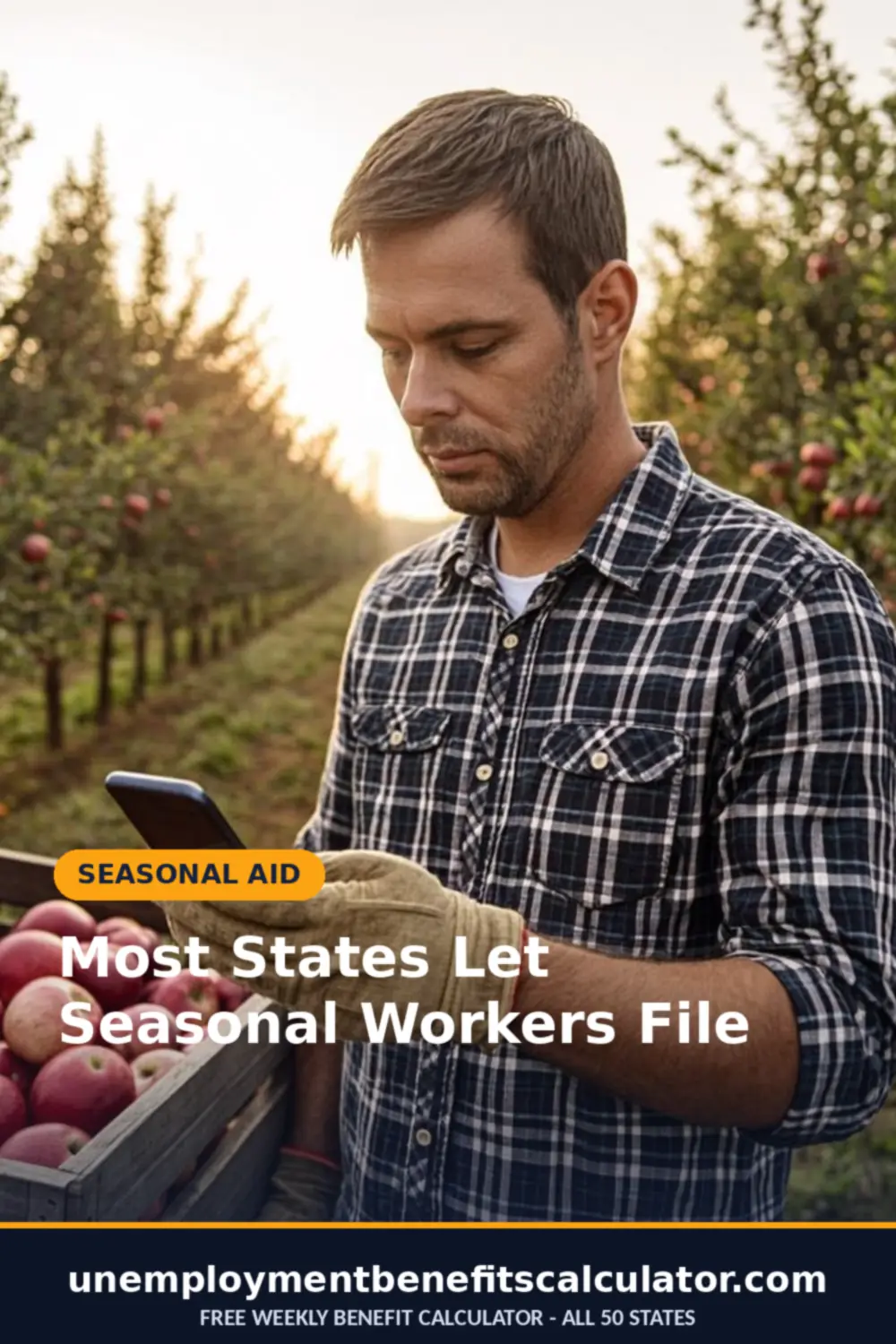 Photorealistic photo of an American farm worker filing for unemployment on his phone at an apple orchard during harvest season
