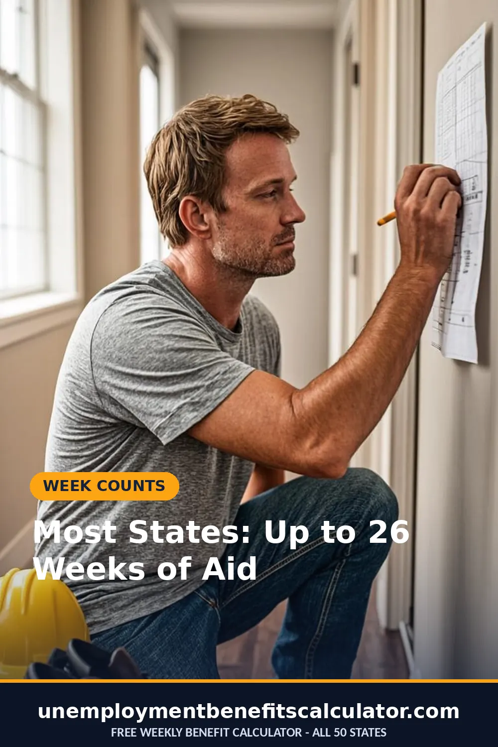 Photorealistic photo of an American construction worker marking dates on a wall calendar between seasons with his hard hat nearby