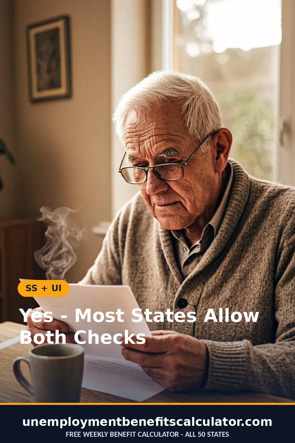 Photorealistic photo of an American senior man reading his Social Security award letter at his kitchen table
