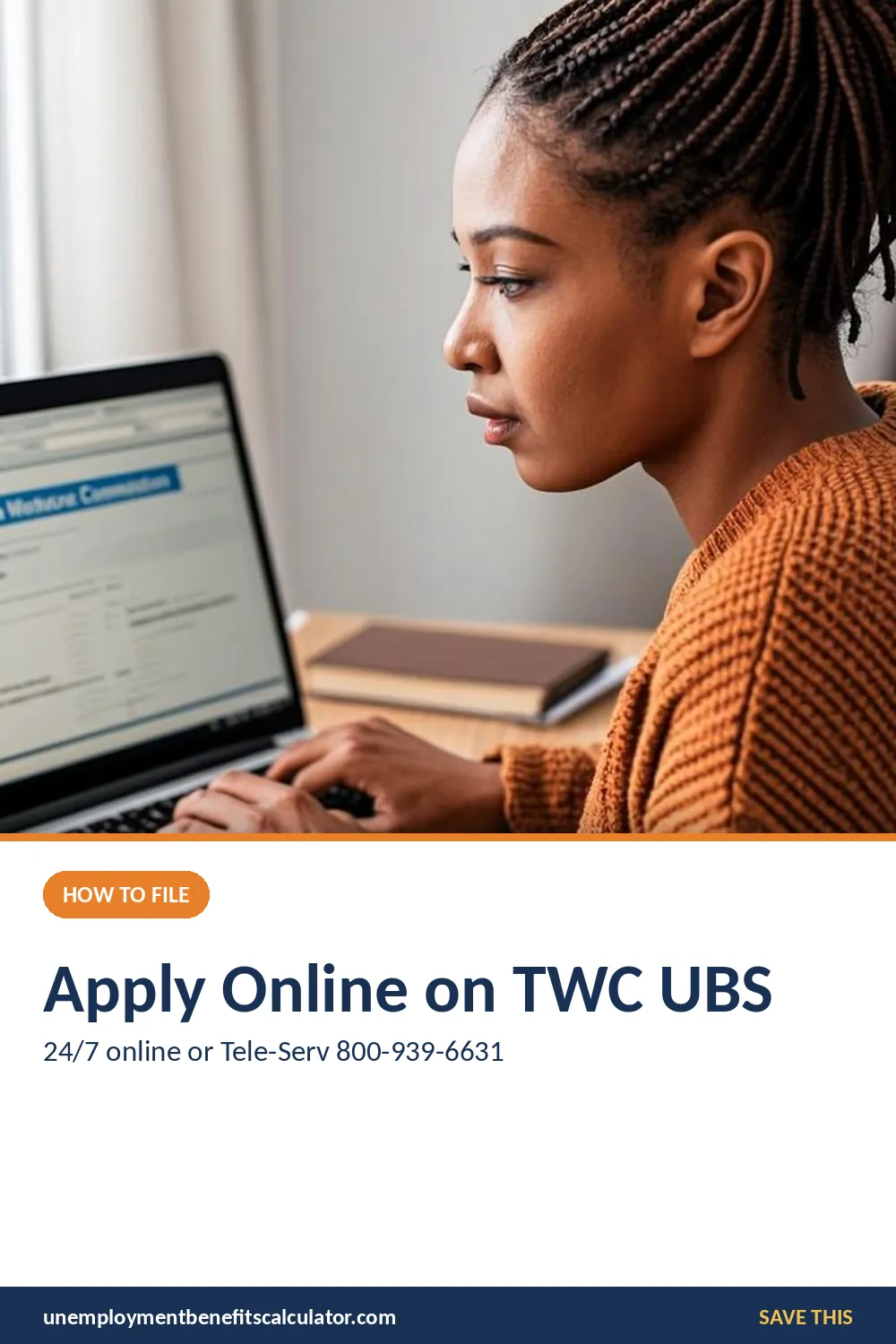 Photorealistic photo of an American woman filing a Texas unemployment claim on the TWC portal with her documents ready