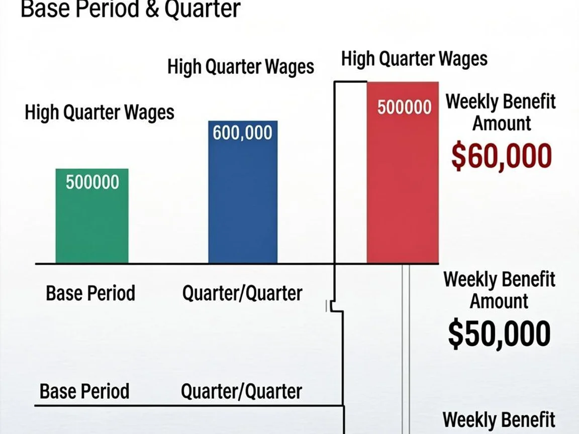 Unemployment weekly benefit calculation formula showing base period wages high quarter earnings and state maximum limits