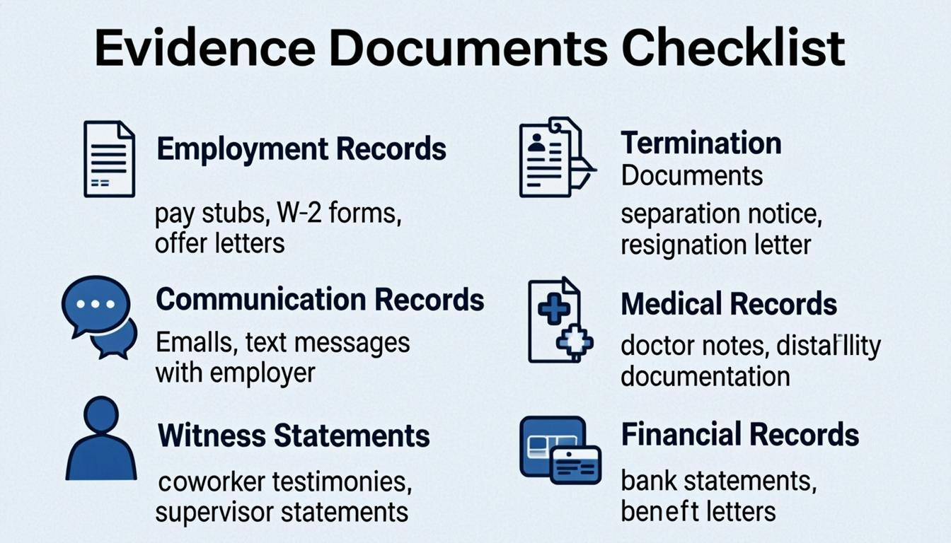 Organized evidence documents for unemployment hearing including letters emails and records