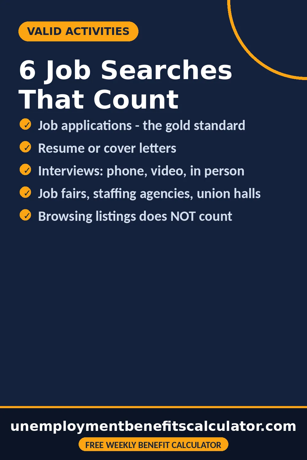 Pin listing six job search activities that count for unemployment including applications, resumes, interviews, job fairs, staffing agencies, and union halls