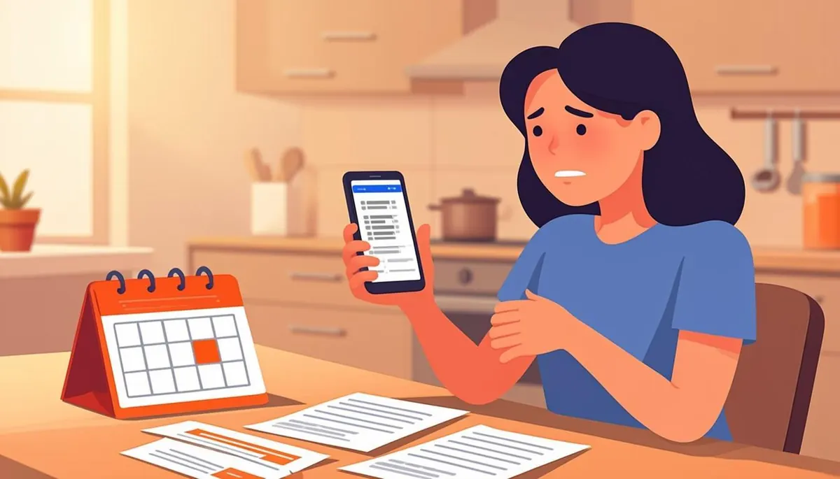 Woman checking her banking app for a delayed unemployment deposit beside a calendar and unpaid bills