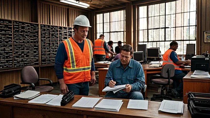 Union member checking the dispatch board at a hiring hall while collecting unemployment benefits