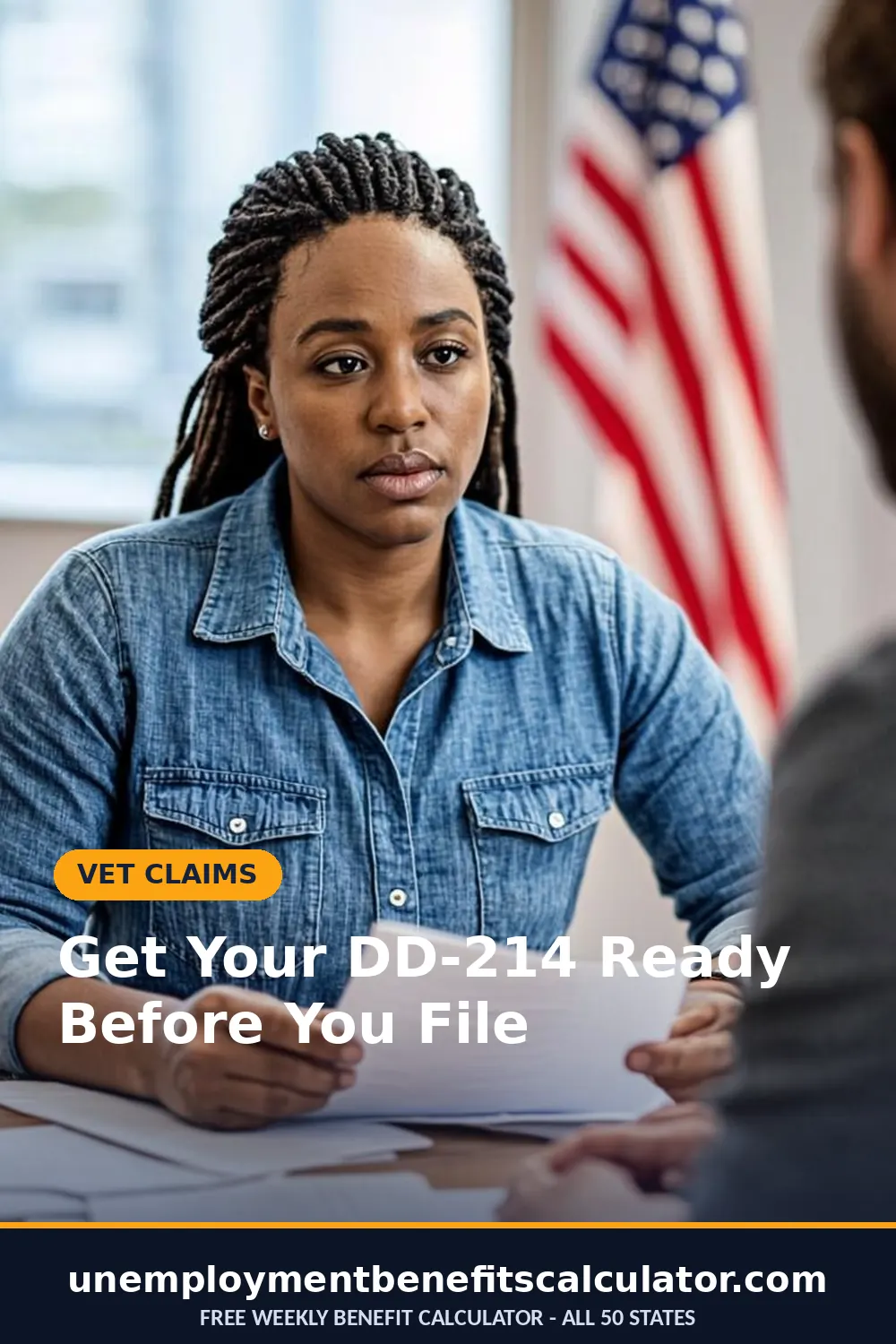 Photorealistic photo of an American woman veteran reviewing her DD-214 paperwork with a counselor at an employment services office