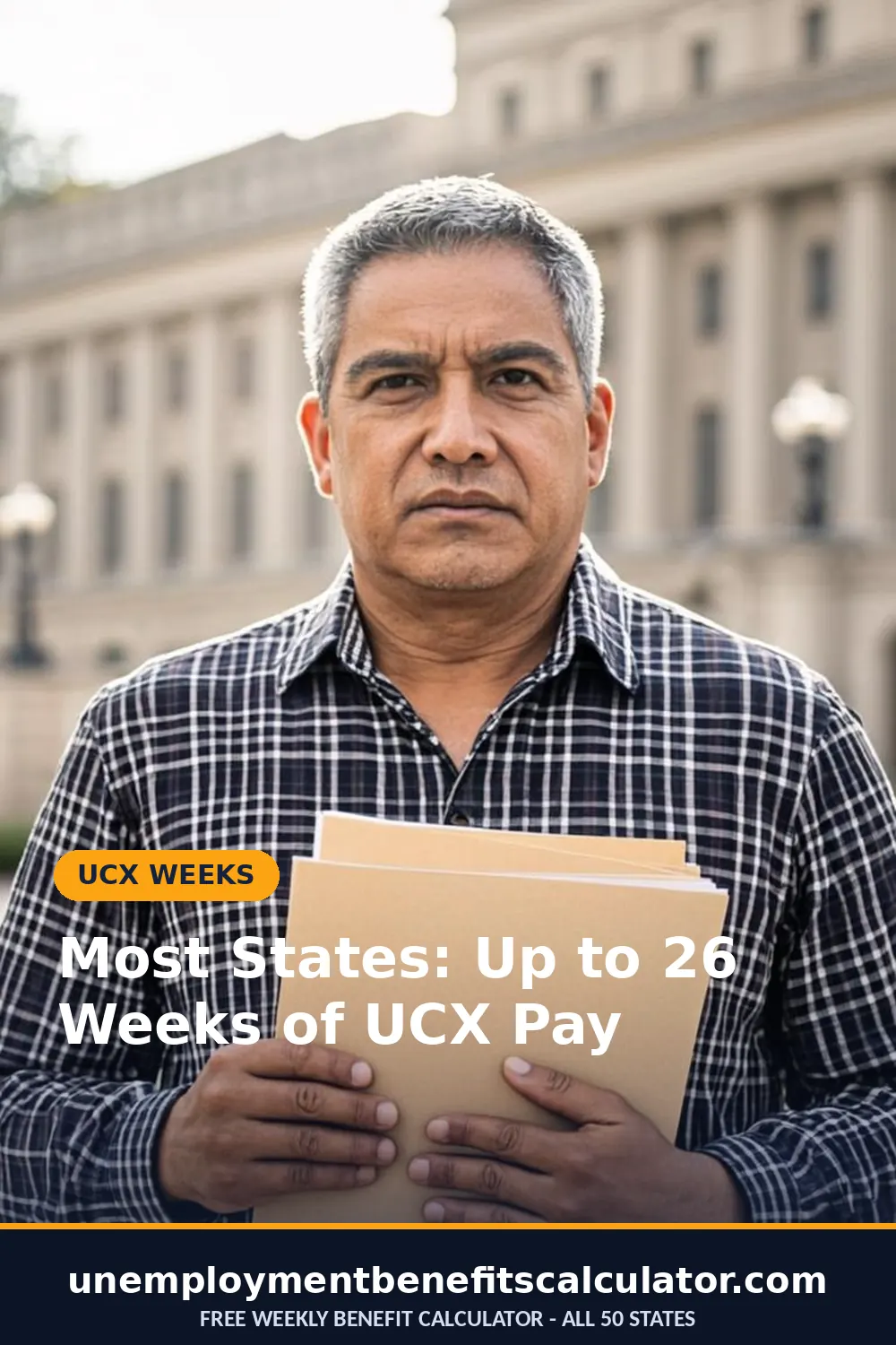 Photorealistic photo of an American veteran holding his documents outside a workforce office - most states pay up to 26 weeks of UCX