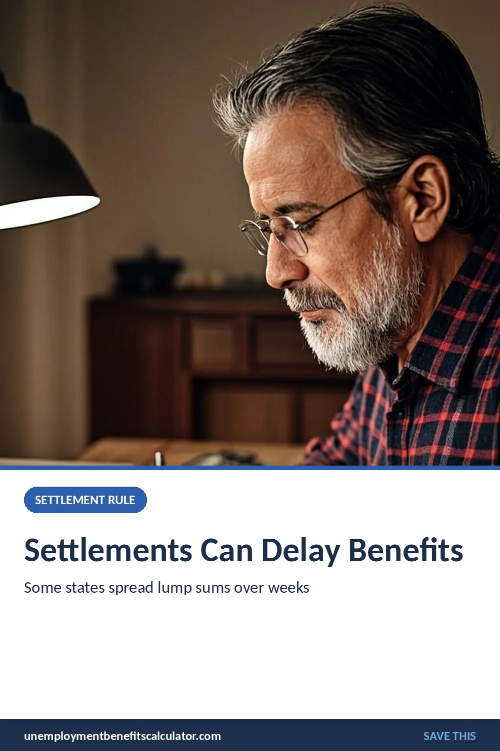 Photorealistic photo of an American man with reading glasses reviewing a thick stack of settlement paperwork with a pen